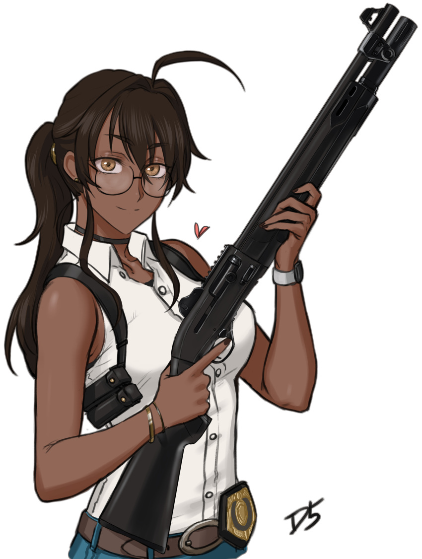 1girl, absurdres, ammunition_pouch, antenna_hair, badge, belt, black_nails, bracelet
