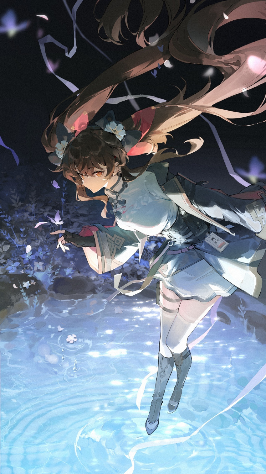 1girl, black_bow, black_footwear, boots, bow, brown_hair, bug, butterfly, chinese_clothes, chinese_commentary, dadijiji, expressionless, fingerless_gloves, floating_hair, flower, full_body, girls'_frontline_2:_exilium, girls_frontline, gloves, hair_bow, hair_flower, hair_ornament, highres, id_card, long_hair, looking_at_viewer, orange_eyes, pond, pouch, red_bow, ripples, solo, thigh-highs, twintails, type_97_(girls'_frontline), vegetation, very_long_hair, white_thighhighs, wide_sleeves