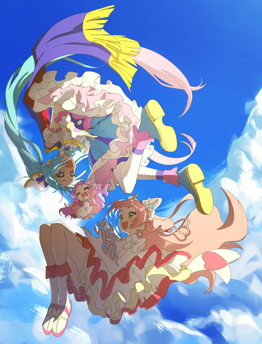 3girls, absurdres, ankle_boots, ascot, baby, blue_cape, blue_dress, blue_eyes