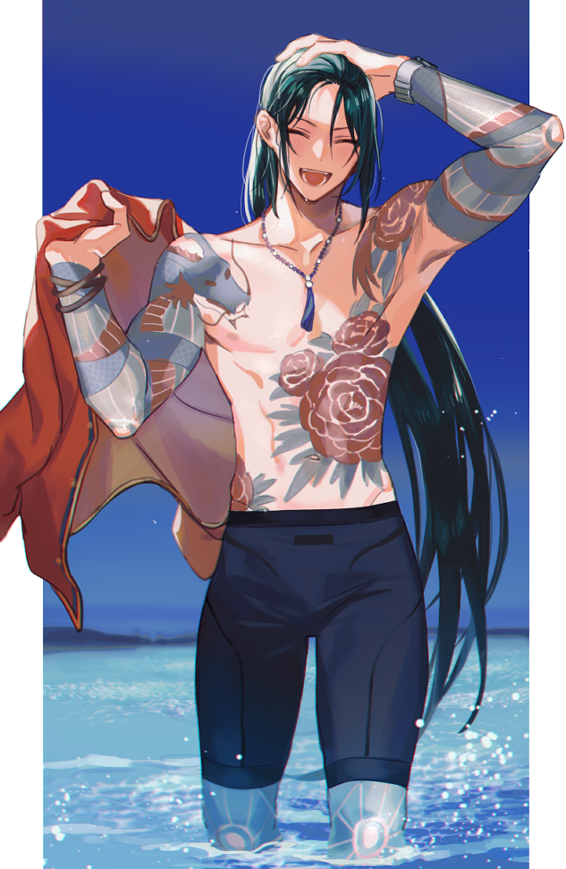 bead_necklace, beads, fate/grand_order, fate_(series), flower_tattoo, full-body_tattoo, hand_on_own_head, holding, holding_clothes, holding_jacket, jacket, jewelry, katagiri_(mighty_swing), long_hair, necklace, ocean, open_mouth, partially_submerged, tattoo, teeth, topless_male, wading, wet, wet_hair, yan_qing_(fate)