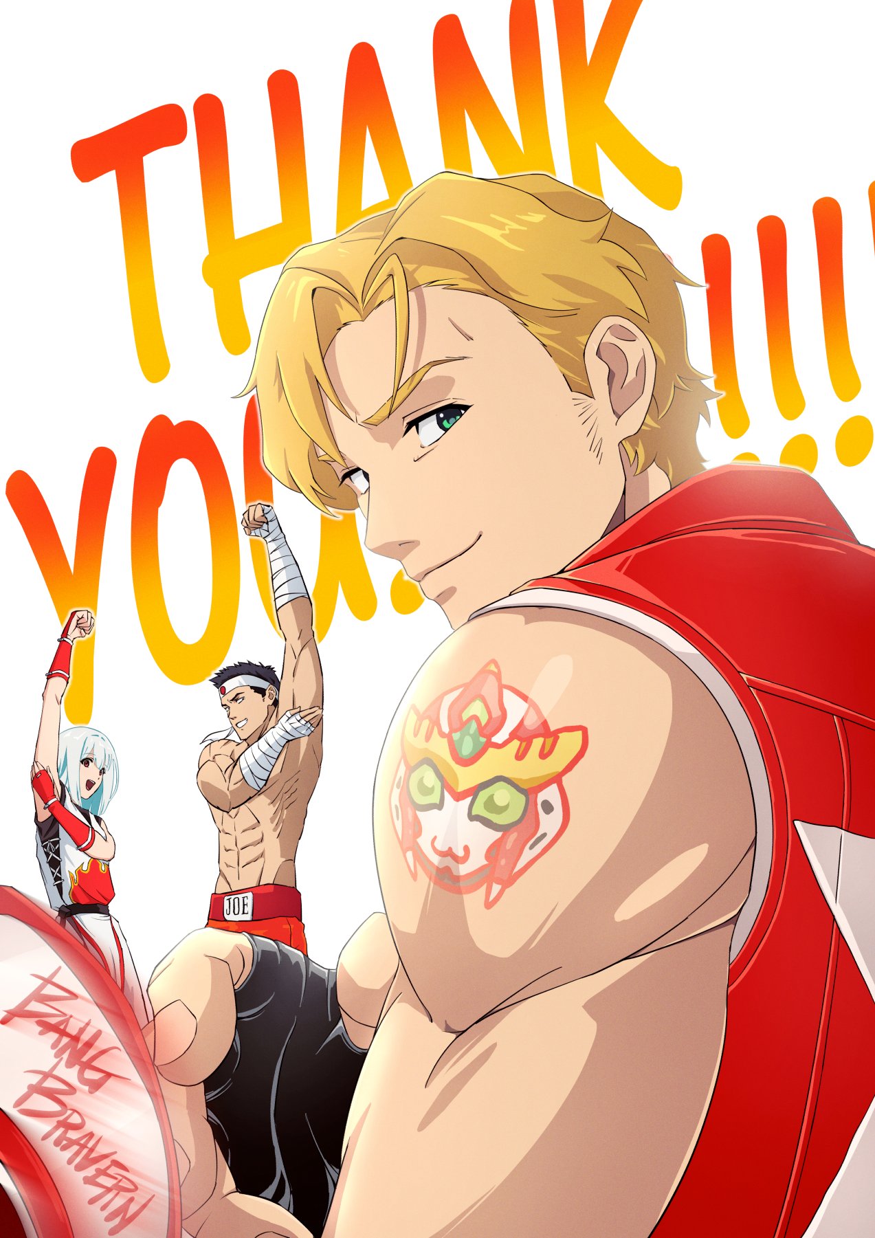 1girl, 2boys, ao_isami, black_hair, blonde_hair, boxing, bravern, character_tattoo