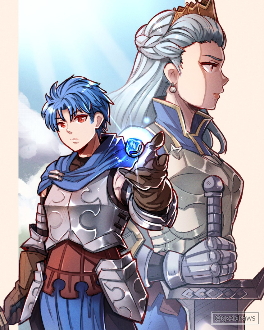 1boy, 1girl, alain_(unicorn_overlord), armor, blue_cape, blue_hair, blue_sky, brown_gloves, cape, closed_mouth, clouds, commentary, crown, earrings, english_commentary, faulds, gauntlets, gloves, glowing, gzei, highres, ilenia_(unicorn_overlord), jewelry, long_hair, looking_ahead, queen, red_eyes, short_hair, sky, sphere_earrings, sunlight, unicorn_overlord