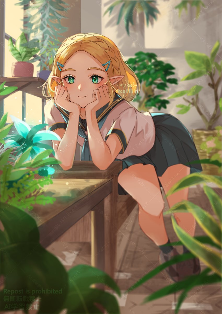 1girl, alternate_costume, arm_support, artist_name, ascot, black_socks, blonde_hair, blue_ascot
