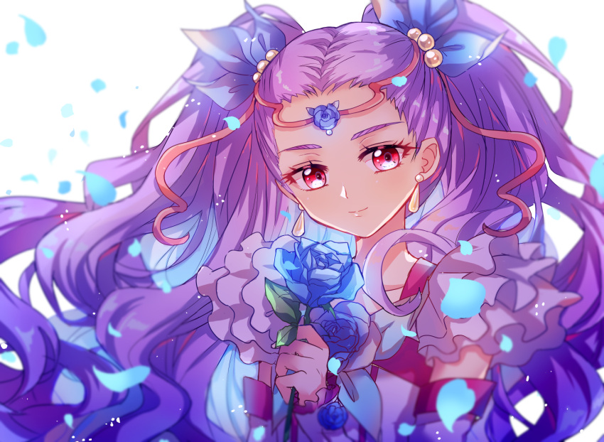 1girl, backlighting, blue_flower, blue_ribbon, blue_rose, earrings, elbow_gloves, flower