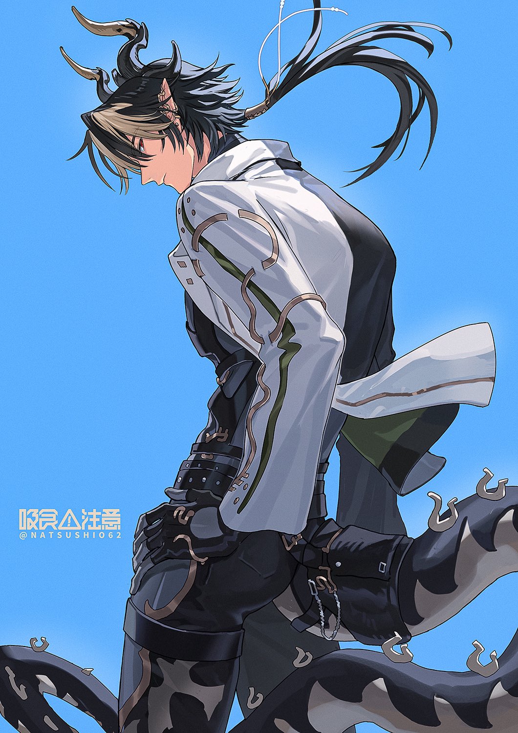 1boy, arknights, belt, black_belt, black_gloves, black_hair, black_pants, blue_background, chong_yue_(alighting)_(arknights), chong_yue_(arknights), closed_mouth, dragon_boy, dragon_horns, dragon_tail, ear_ornament, floating_hair, from_side, gloves, hand_on_own_hip, head_down, highres, horns, jacket, low_ponytail, male_focus, multicolored_clothes, multicolored_hair, multicolored_jacket, natsushio_(x2i2a), open_clothes, open_jacket, pants, pointy_ears, red_eyes, sideways_glance, simple_background, solo, streaked_hair, tail, thigh_strap, two-tone_jacket, upper_body, wind