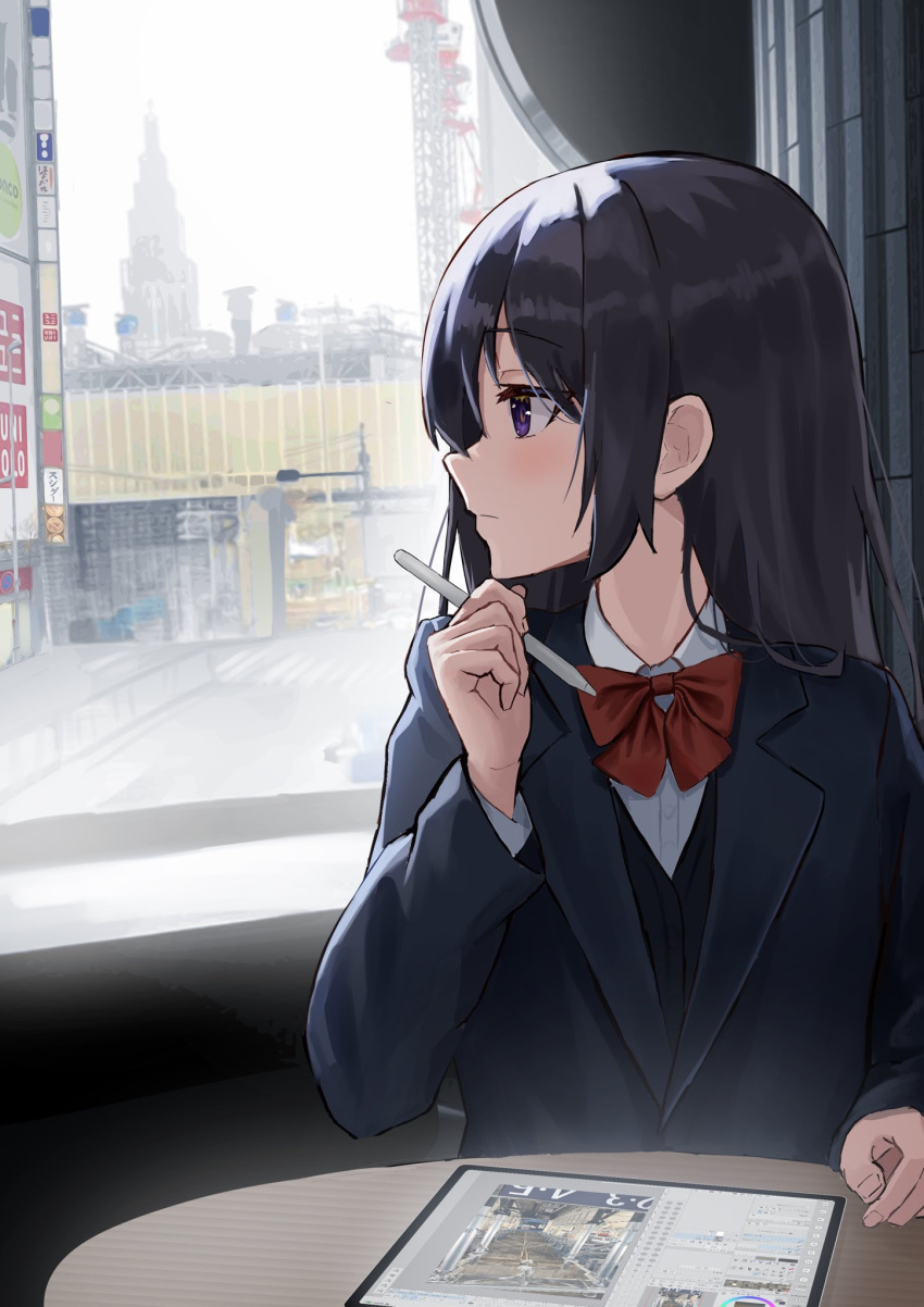 1girl, black_hair, black_vest, blue_jacket, blush, bow, cityscape, drawing_tablet, hand_on_table, highres, holding, holding_pen, indoors, jacket, keiyo_earth, lamppost, long_hair, looking_outside, original, pen, red_bow, school_uniform, shirt, solo, uniform, vest, violet_eyes, white_shirt, window