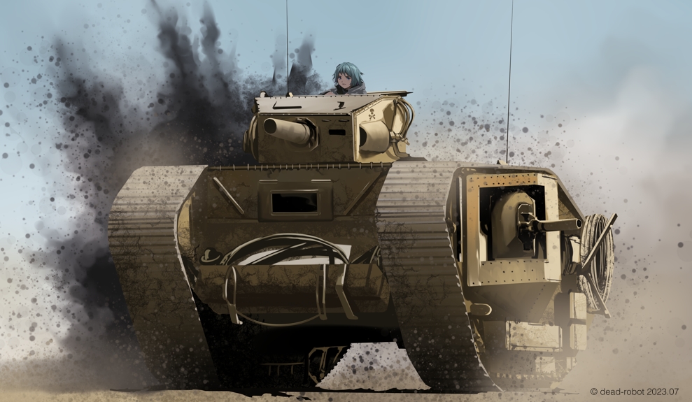1girl, blue_hair, blue_sky, cannon, caterpillar_tracks, day, dead-robot, indiana_jones_and_the_last_crusade