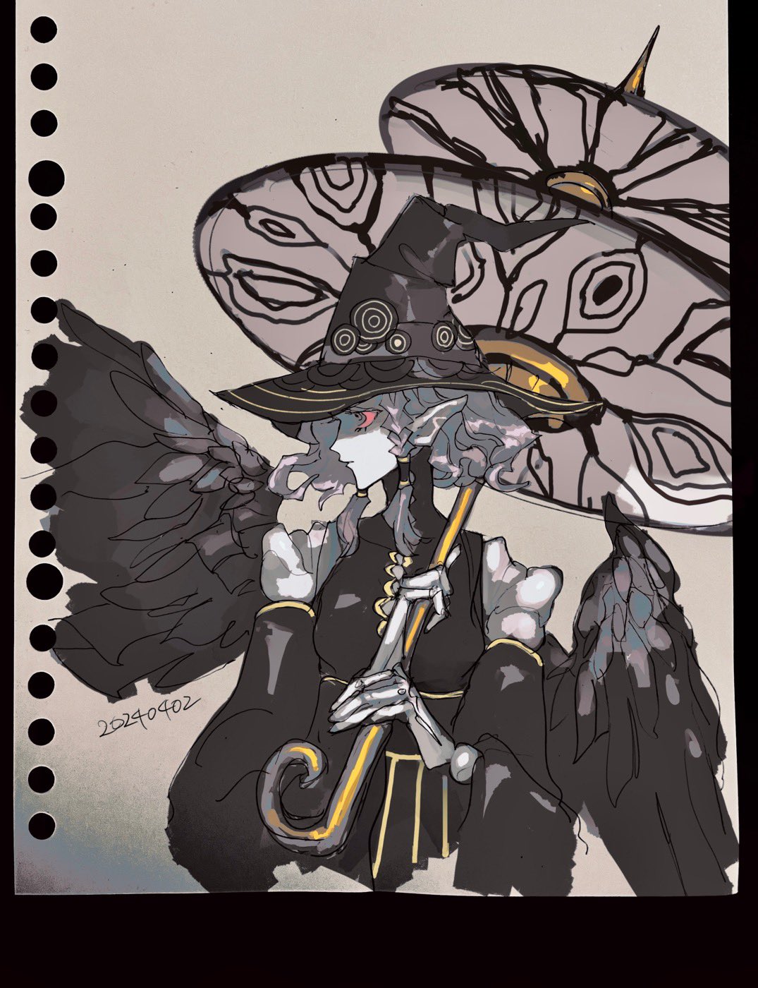 1girl, agrat_bat_mahlat_(megami_tensei), black_hat, black_wings, colored_skin, cropped_torso, dated, eien12m, grey_hair, hat, highres, holding, holding_umbrella, joints, red_eyes, shin_megami_tensei, shin_megami_tensei_v, shin_megami_tensei_v:_vengeance, solo, traditional_media, umbrella, upper_body, white_skin, wings, witch_hat