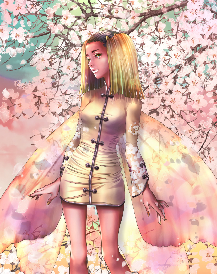1girl, absurdres, black_hair, blonde_hair, cherry_blossoms, chinaisobad, clothing_request, colored_skin, commentary_request, eyelashes, fairy, fairy_wings, green_eyes, heart, heart-shaped_pupils, highres, hua_po_(megami_tensei), medium_hair, multicolored_background, multicolored_hair, multiple_wings, red_skin, shin_megami_tensei, single_tear, solo, standing, symbol-shaped_pupils, tree, two-tone_hair, wings, yellow_nails