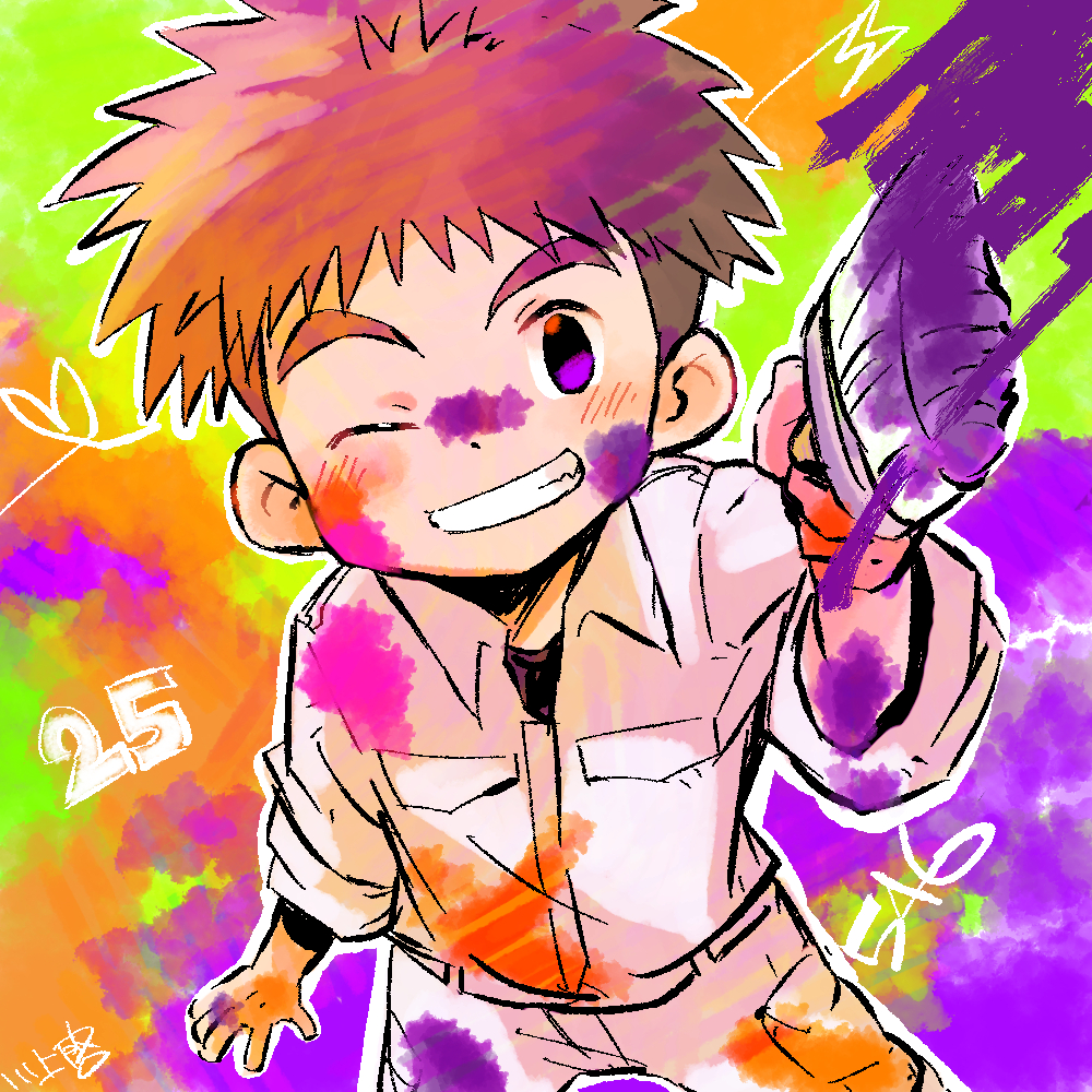 1boy, black_shirt, brown_hair, cowboy_shot, digimon, digimon_adventure, holding, holding_paintbrush, izumi_koshiro, jacket, male_focus, one_eye_closed, paint_on_clothes, paint_splatter, paint_splatter_on_face, paintbrush, panties, radiospeed14, shirt, short_hair, smile, solo, spiky_hair, underwear, white_jacket, white_panties
