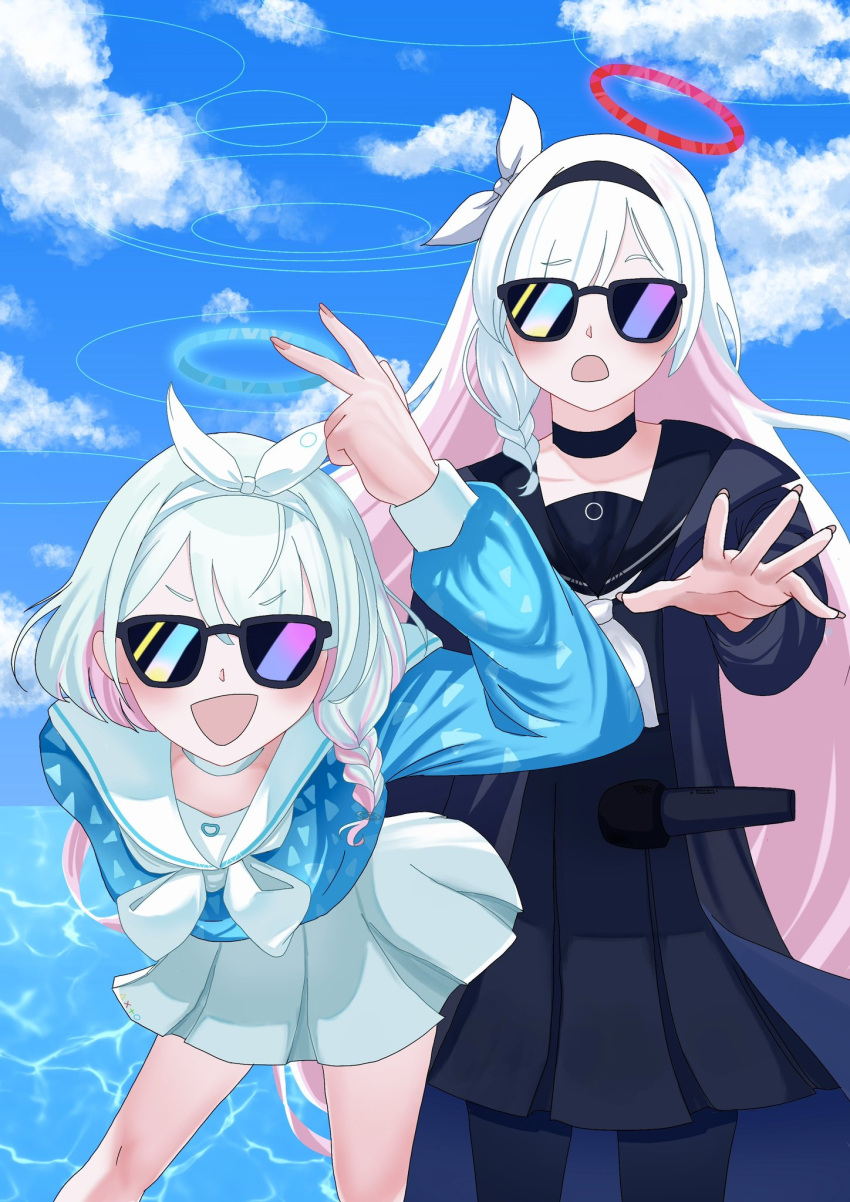 2girls, :d, arm_behind_back, arm_up, arona_(blue_archive), black_choker, black_dress, black_hairband