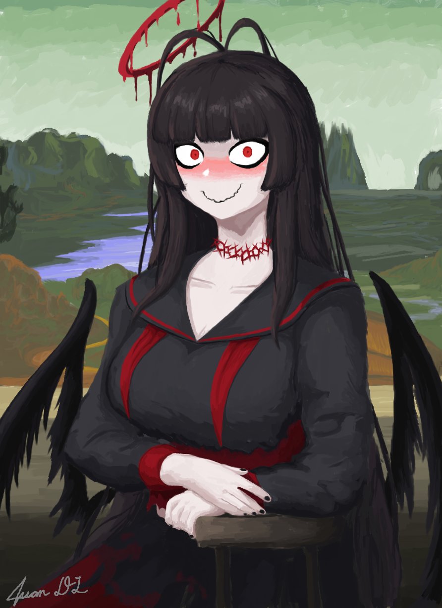 1girl, antenna_hair, black_hair, black_nails, black_serafuku, black_wings, blood_halo, blue_archive