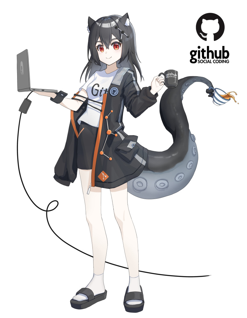 1girl, absurdres, animal_ears, bare_legs, black_hair, black_jacket, black_shorts, cable, cat_ears, cat_girl, commentary, computer, copyright_name, cup, english_text, full_body, git, github, hair_between_eyes, hair_ornament, highres, holding, holding_cup, holding_laptop, jacket, laptop, logo, long_hair, looking_at_viewer, monster_girl, octocat, open_clothes, open_jacket, personification, phonetik, red_eyes, sandals, scylla, shirt, shorts, simple_background, socks, solo, spilling, t-shirt, tentacles, white_background, white_shirt