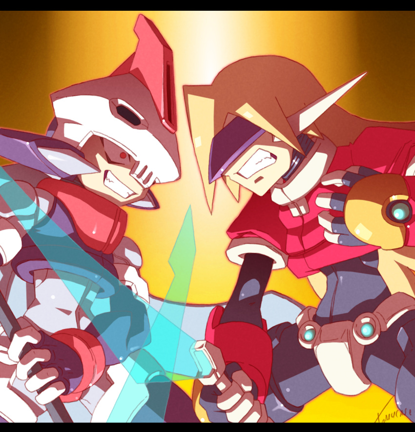 2boys, aqua_hair, armor, black_bodysuit, blonde_hair, bodysuit, bodysuit_under_clothes, clenched_teeth