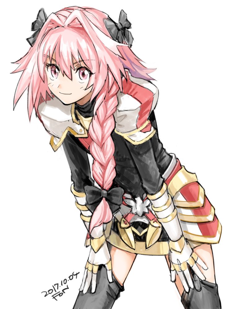 1boy, armor, astolfo_(fate), black_bow, black_shirt, black_thighhighs, bow, braid, dated, fate/apocrypha, fate_(series), fon-due_(fonfon), garter_straps, gloves, hair_between_eyes, hair_bow, hands_on_own_knees, leaning_forward, long_hair, male_focus, multicolored_hair, otoko_no_ko, pink_eyes, pink_hair, shirt, signature, single_braid, solo, streaked_hair, thigh-highs, white_background, white_gloves
