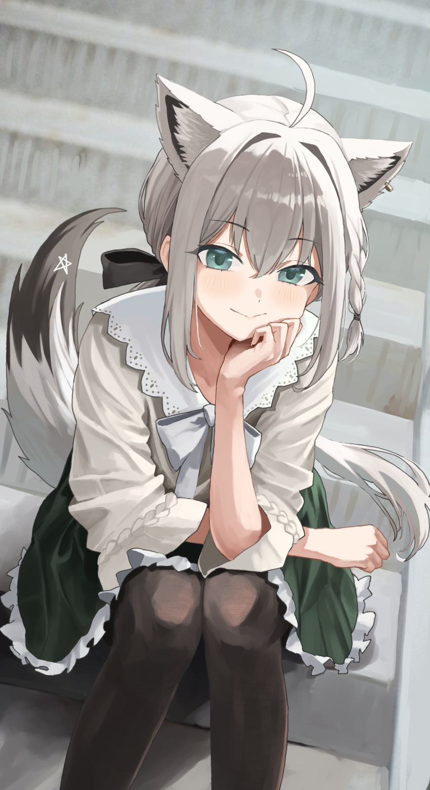 1girl, absurdres, ahoge, animal_ear_fluff, animal_ears, aqua_eyes, art_mu, black_bow