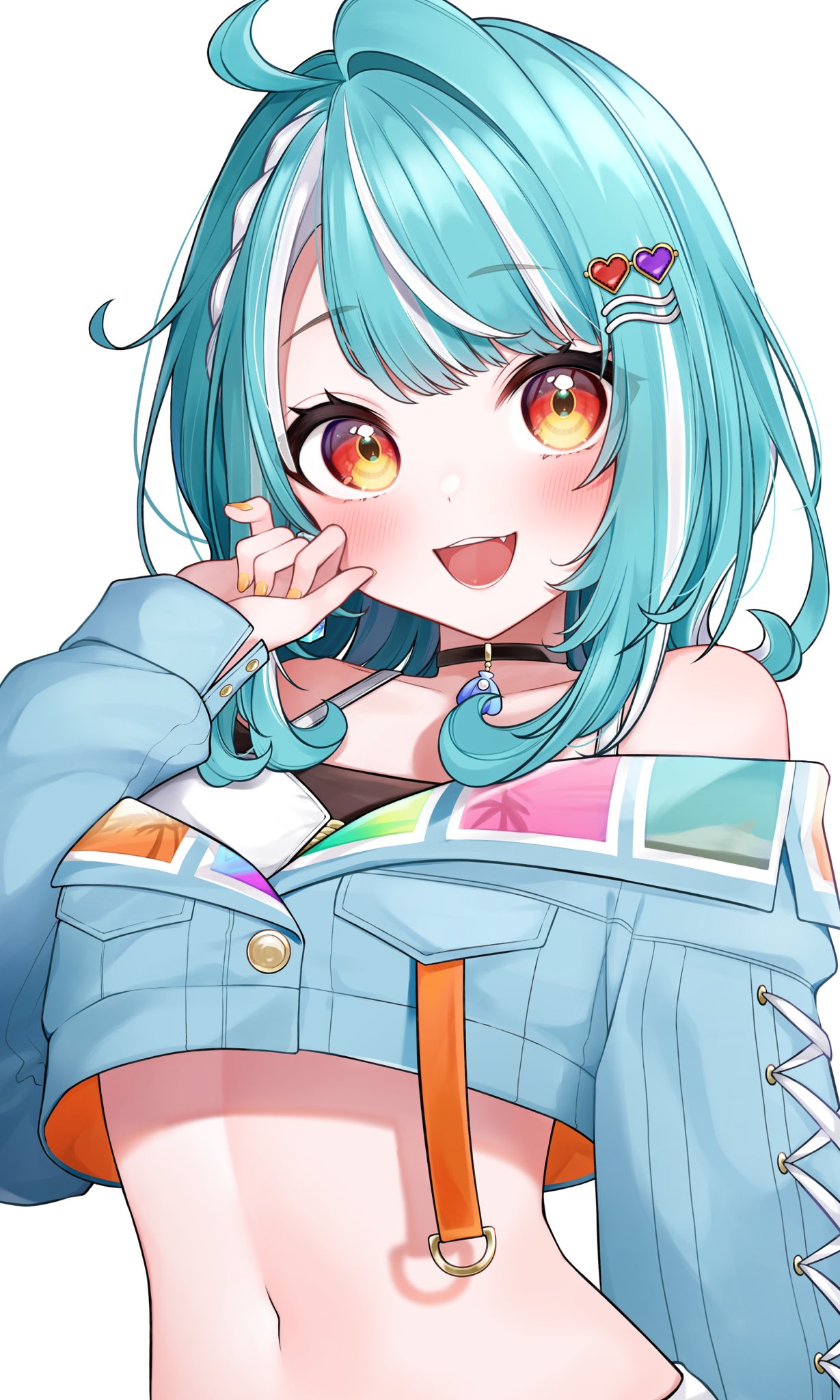 1girl, aoi_migo, bare_shoulders, blue_hair, blue_jacket, bra_strap, choker, hair_ornament