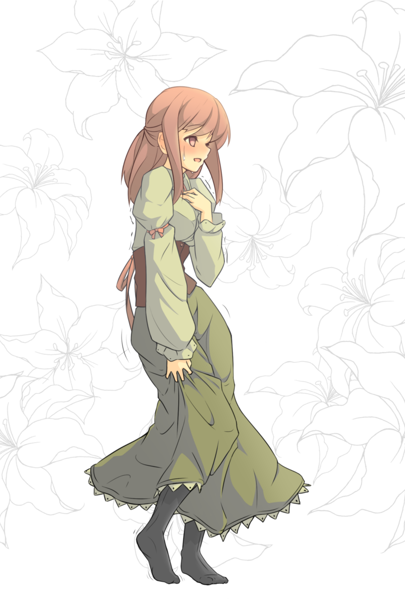 1girl, azukilib, black_pantyhose, blush, breasts, brown_eyes, brown_hair, commentary_request, empty_eyes, english_commentary, flower, from_side, full_body, green_shirt, green_skirt, half-closed_eyes, hand_on_own_chest, hand_up, have_to_pee, heel_up, highres, long_sleeves, medium_breasts, mixed-language_commentary, open_mouth, original, pantyhose, partial_commentary, sash, shirt, simple_background, skirt, smile, solo, standing, sweat, textless_version, trembling, white_background