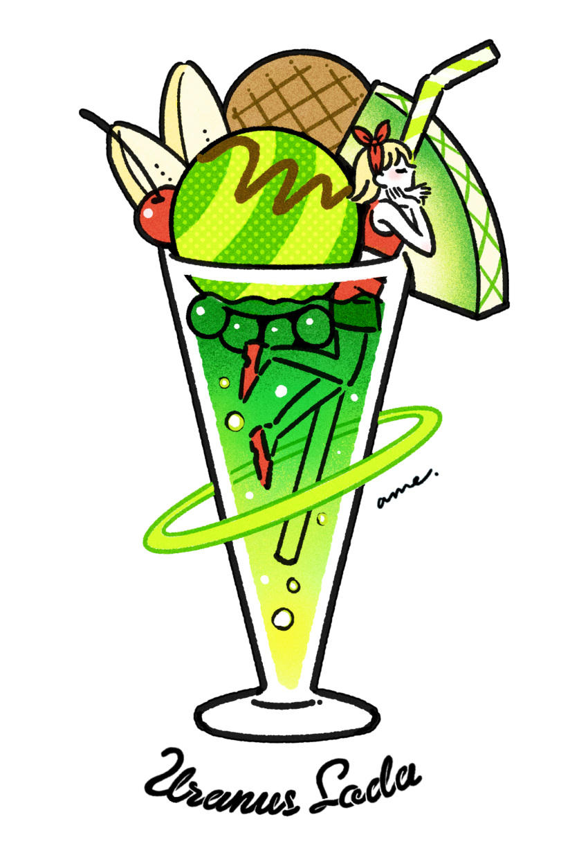 1girl, bendy_straw, blonde_hair, bow, cherry, closed_eyes, crop_top, cup, cursive, drink, drinking_glass, drinking_straw, food, food_focus, fruit, full_body, glass, green_theme, hair_bow, highres, ice_cream, ice_cream_float, in_container, in_cup, kohaku_ame, medium_hair, melon, melon_slice, original, partially_submerged, red_skirt, red_tank_top, signature, simple_background, skirt, solo, tank_top, uranus_(planet), wafer, white_background
