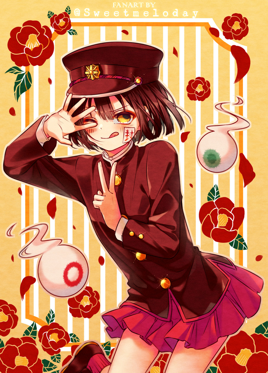 1girl, :q, artist_name, brown_hair, brown_shirt, gakuran, genderswap, genderswap_(mtf), ghost, hair_between_eyes, hanako_(jibaku_shounen_hanako-kun), hand_up, hat, highres, hitodama, jibaku_shounen_hanako-kun, long_sleeves, looking_at_viewer, medium_hair, ofuda, one_eye_closed, pink_skirt, school_uniform, shirt, skirt, sweetmeloday, tongue, tongue_out, v, yellow_eyes