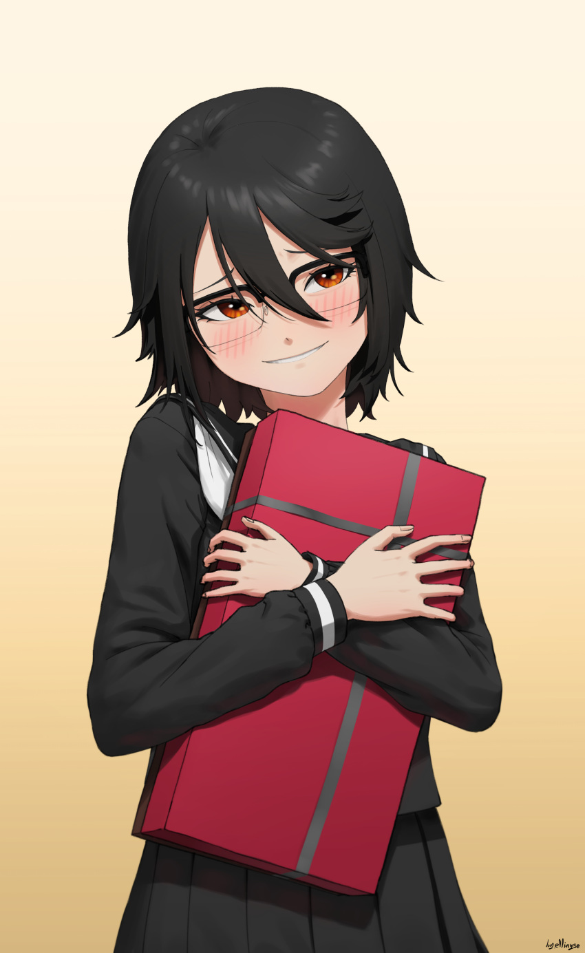 1girl, absurdres, black_hair, black_sailor_collar, black_skirt, blush, box, brown_background, ellinyse, gift, gift_box, glasses, gradient_background, hair_between_eyes, highres, hugging_object, long_sleeves, looking_at_viewer, momijiyama_teru, neckerchief, pleated_skirt, red_eyes, red_neckerchief, sailor_collar, school_uniform, semi-rimless_eyewear, shirt, short_hair, shy_(series), skirt, smile, solo, teeth