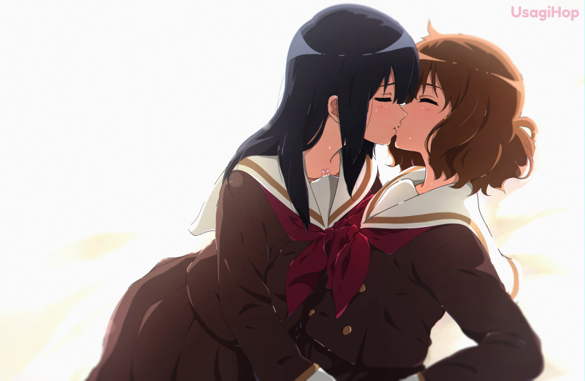 2girls, artist_name, backlighting, black_hair, blush, brown_hair, brown_serafuku, brown_shirt