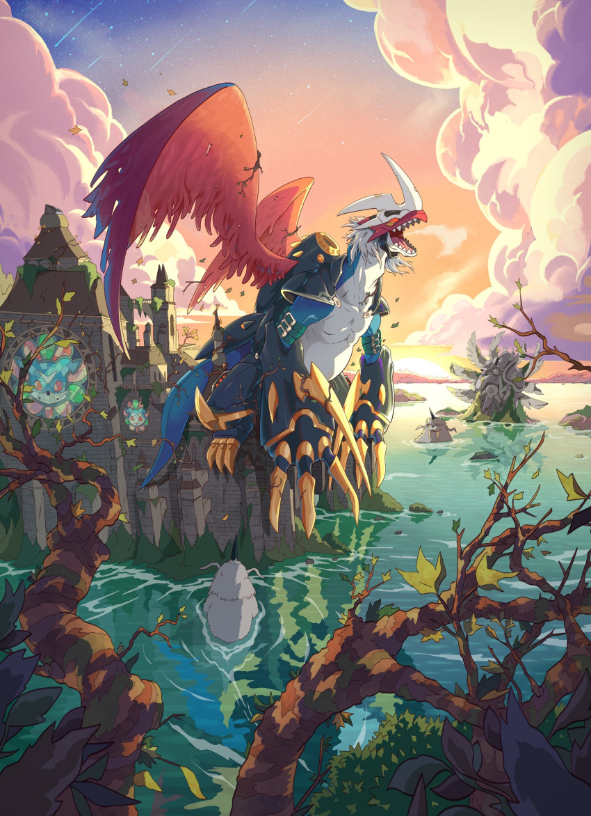 all_fours, blue_skin, cannon, capitan_artiglio, castle, chibimon, clouds, colored_skin