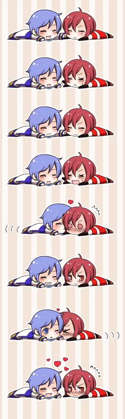 /\/\/\, :<, :3, :d, ahoge, blue_hair, blush, brown_eyes, brown_hair, cheek_kiss, chibi, comic, heart, highres, kaito, kiss, lying, meiko, muro_(ninimohu), o_o, on_stomach, open_mouth, poking, sequential, short_hair, silent_comic, smile, vocaloid, wince