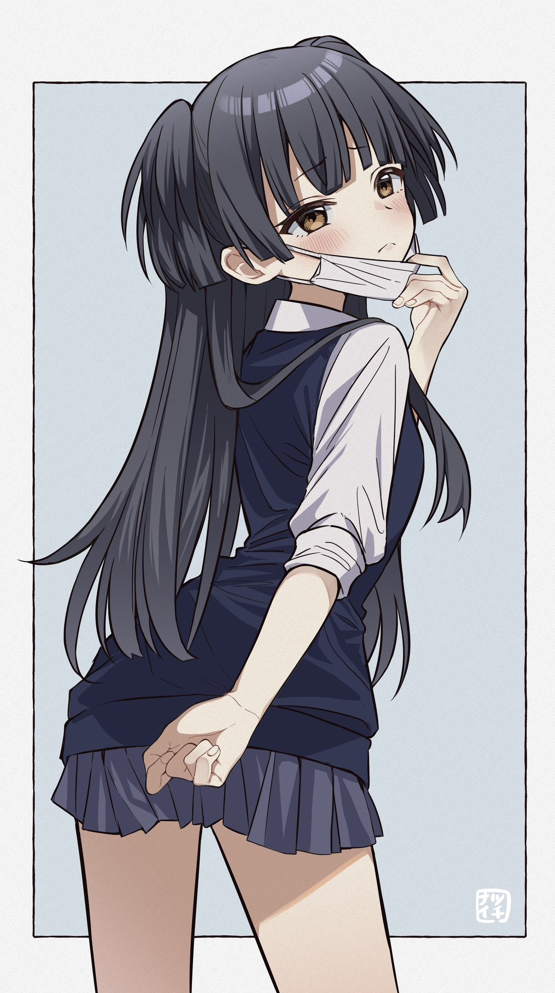 1girl, blue_skirt, blue_sweater_vest, blush, dddd_akagi, from_behind, highres, idolmaster