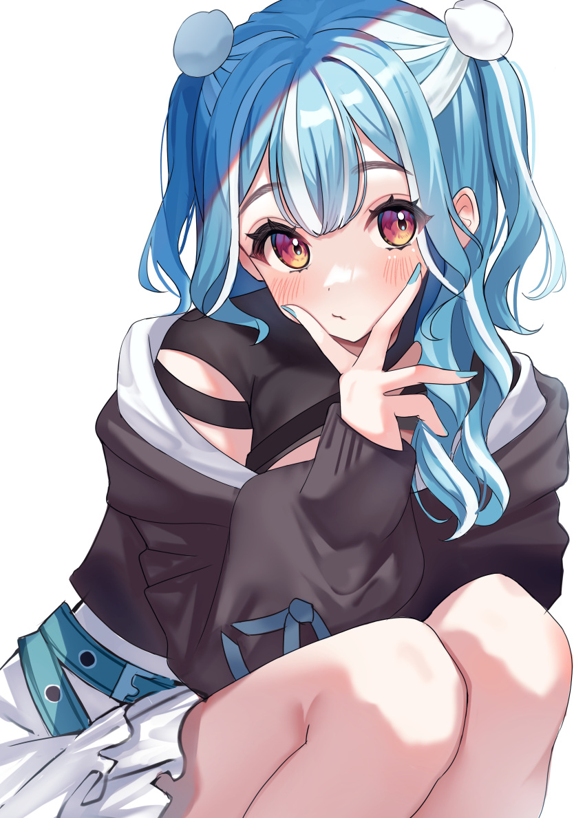 1girl, absurdres, belt, black_jacket, black_shirt, blue_belt, blue_hair, cleavage_cutout