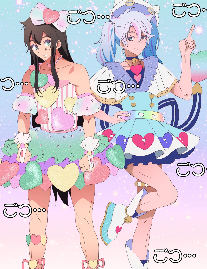 2boys, alternate_hair_length, alternate_hairstyle, anchiki_shou, animal_hat, bare_shoulders, blue_background, blue_choker