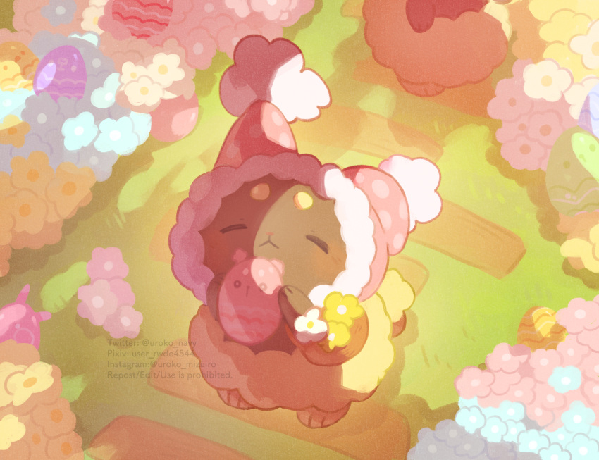 buneary, closed_eyes, closed_mouth, egg, flower, highres, holding, holding_egg