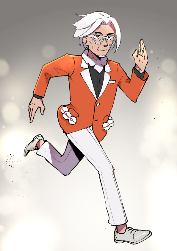 1boy, black_shirt, clavell_(pokemon), commentary_request, facial_hair, full_body, glasses, goatee