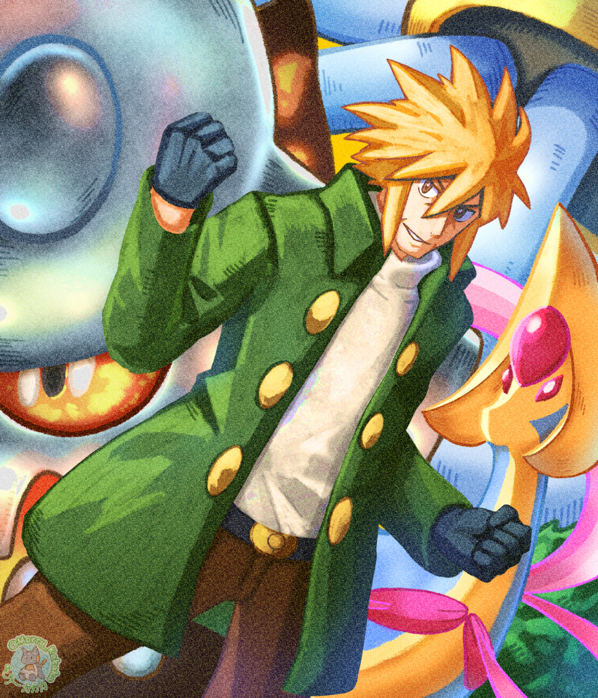 1boy, belt, belt_buckle, black_belt, blonde_hair, brown_eyes, brown_pants, buckle