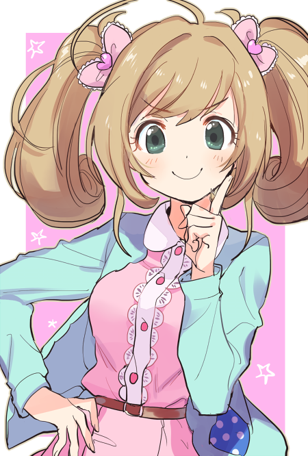 1girl, ahoge, belt, blue_jacket, blush, border, bow, breasts