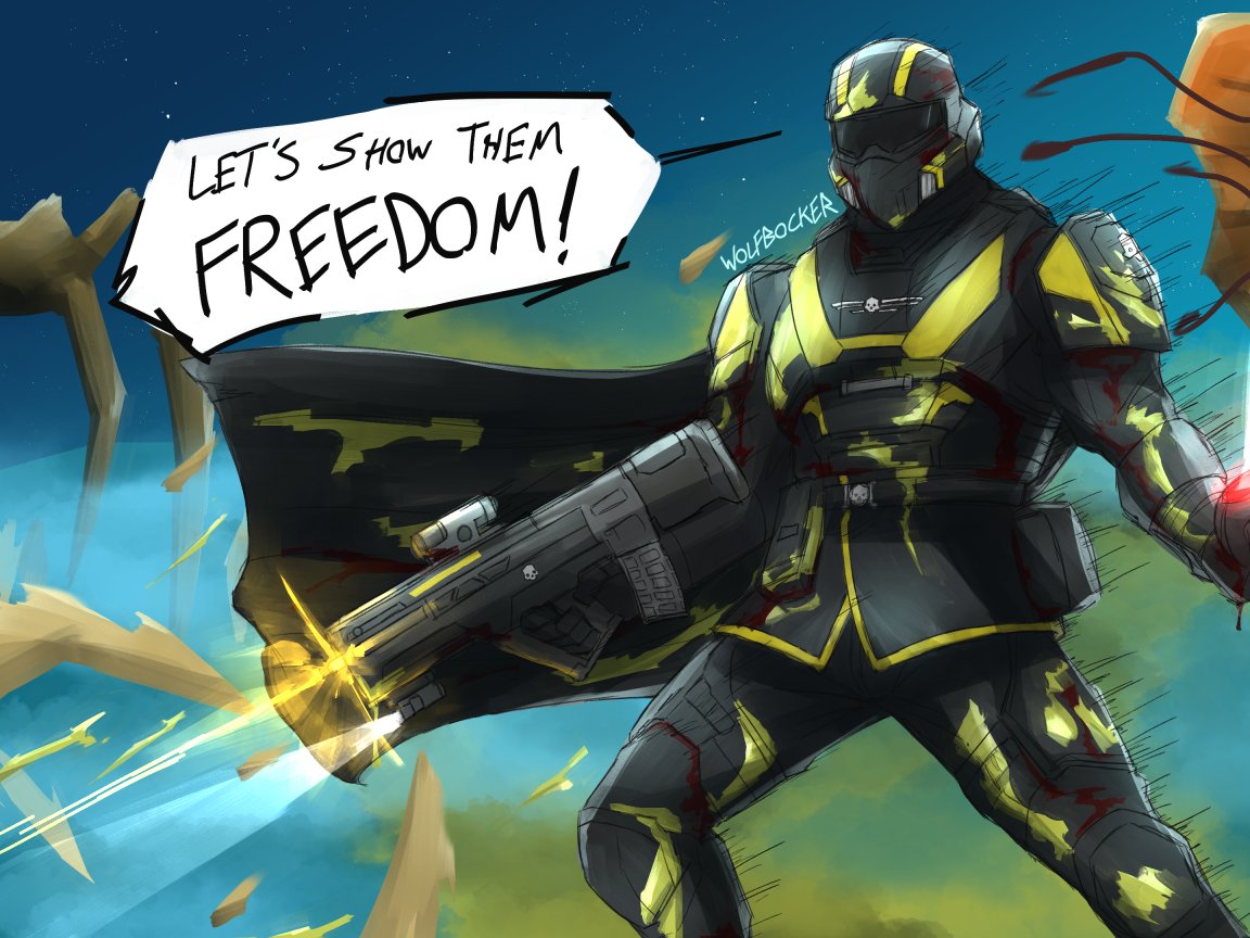 1other, ar-23_liberator, armor, artist_name, battle, black_armor, black_cape, blood, blood_on_clothes, bullpup, cape, english_commentary, english_text, explosive, firing, flashlight, grenade, gun, helldiver_(helldivers), helldivers_(series), helmet, holding, holding_grenade, holding_gun, holding_weapon, manly, muzzle_flash, pauldrons, scope, shoulder_armor, sky, solo, speech_bubble, star_(sky), starry_sky, surrounded, weapon, wolfbocker