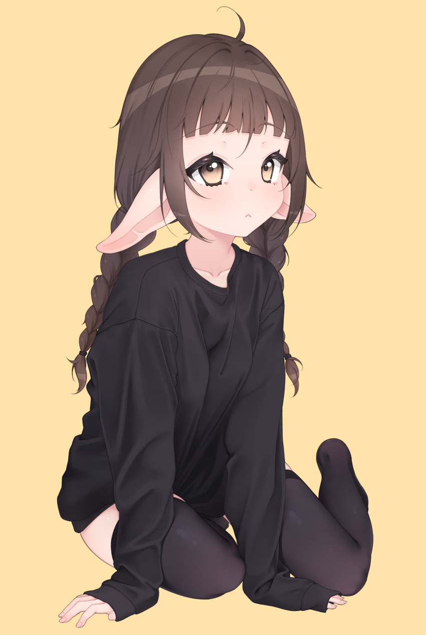 1girl, :<, absurdres, ahoge, black_shirt, black_thighhighs, braid, brown_hair