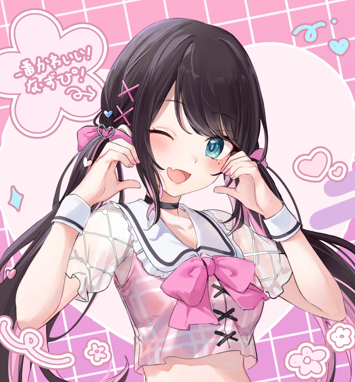 1girl, black_hair, blue_eyes, blush, bow, choker, colored_inner_hair, fang
