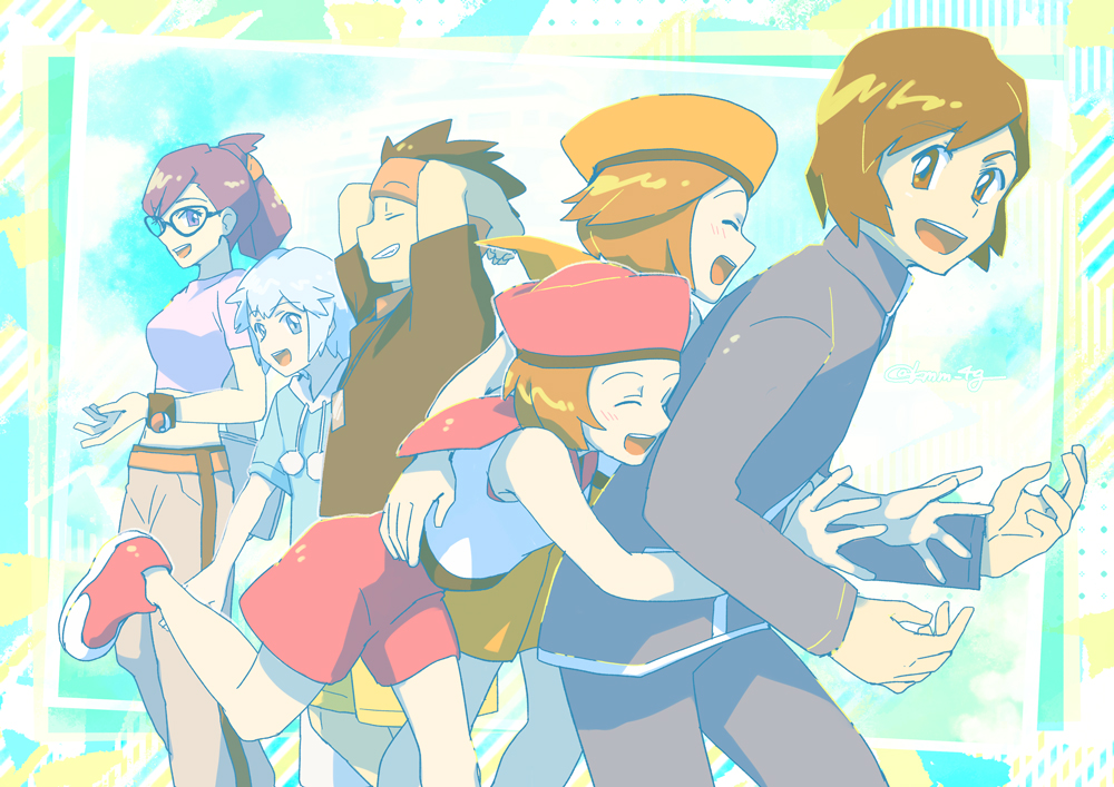 3boys, 3girls, audrey_(pokemon), black_hair, blue_hair, blue_shirt, grey_pants, hands_up, jacket, kathryn_(pokemon), kimimi_(kmm), long_sleeves, multiple_boys, multiple_girls, open_mouth, pants, poke_ball, poke_ball_(basic), pokemon, pokemon:_destiny_deoxys, pokemon_(anime), pokemon_rse_(anime), purple_hair, rafe_(pokemon), rebecca_(pokemon), red_shoes, shirt, shoes, sid_(pokemon), smile, sweatpants, tory_lund, watch, wristwatch