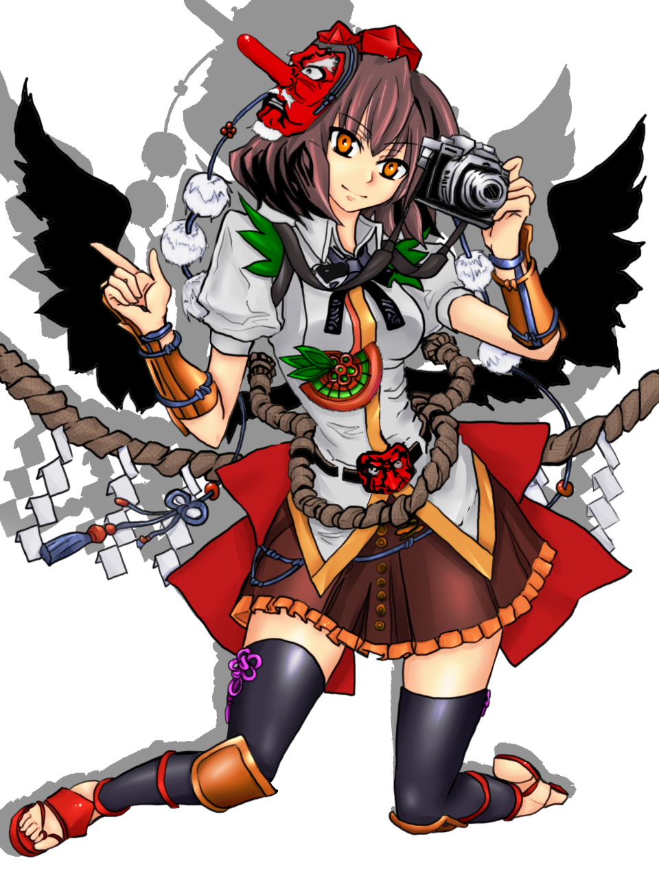 brown_hair, camera, hat, highres, mask, noumu, sandals, shameimaru_aya