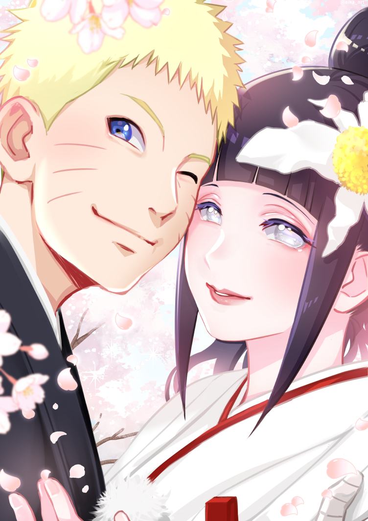 1boy, 1girl, aika_nrt, black_hair, blonde_hair, blue_eyes, cherry_blossoms, close-up