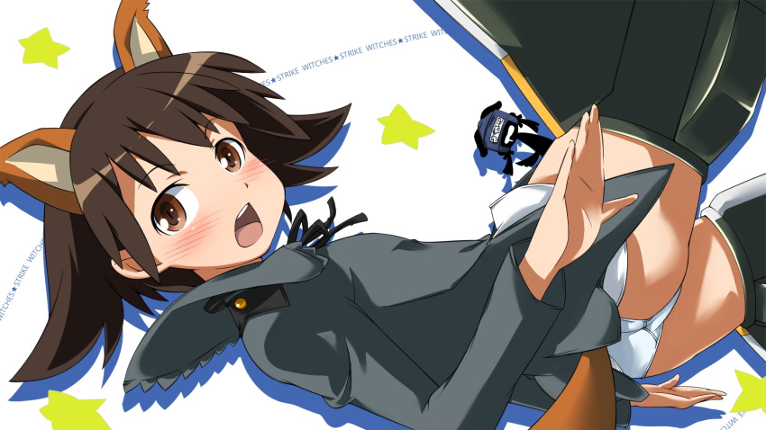 animal_ears, blush, brown_eyes, brown_hair, cosplay, gertrud_barkhorn, gertrud_barkhorn_(cosplay), highres, military, military_uniform, miyafuji_yoshika, no_pants, one-piece_swimsuit, open_mouth, panties, saliva, school_swimsuit, school_uniform, silhouette, smile, solo, strike_witches, striker_unit, swimsuit, swimsuit_on_head, tail, twintails, underwear, uniform