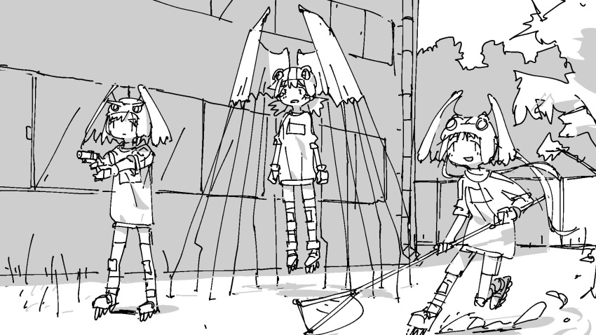 3girls, alien_nine, closed_mouth, full_body, greyscale, gun, head_wings, helmet