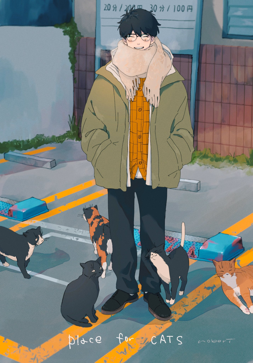 1boy, all_nobori, artist_name, black_cat, black_footwear, black_hair, blue_pants, blush