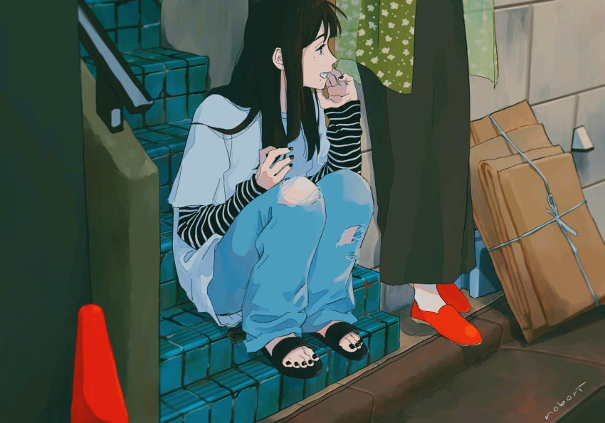 2girls, against_wall, all_nobori, artist_name, black_hair, black_nails, denim, green_shawl, green_skirt, hand_up, highres, jeans, knees_up, layered_sleeves, long_hair, long_skirt, long_sleeves, mole, mole_under_mouth, multiple_girls, original, outdoors, pants, red_footwear, sandals, shawl, shirt, short_over_long_sleeves, short_sleeves, sidelocks, sitting, sitting_on_stairs, skirt, stairs, standing, striped_clothes, striped_shirt, torn_clothes, torn_jeans, torn_pants, traffic_cone, white_shirt