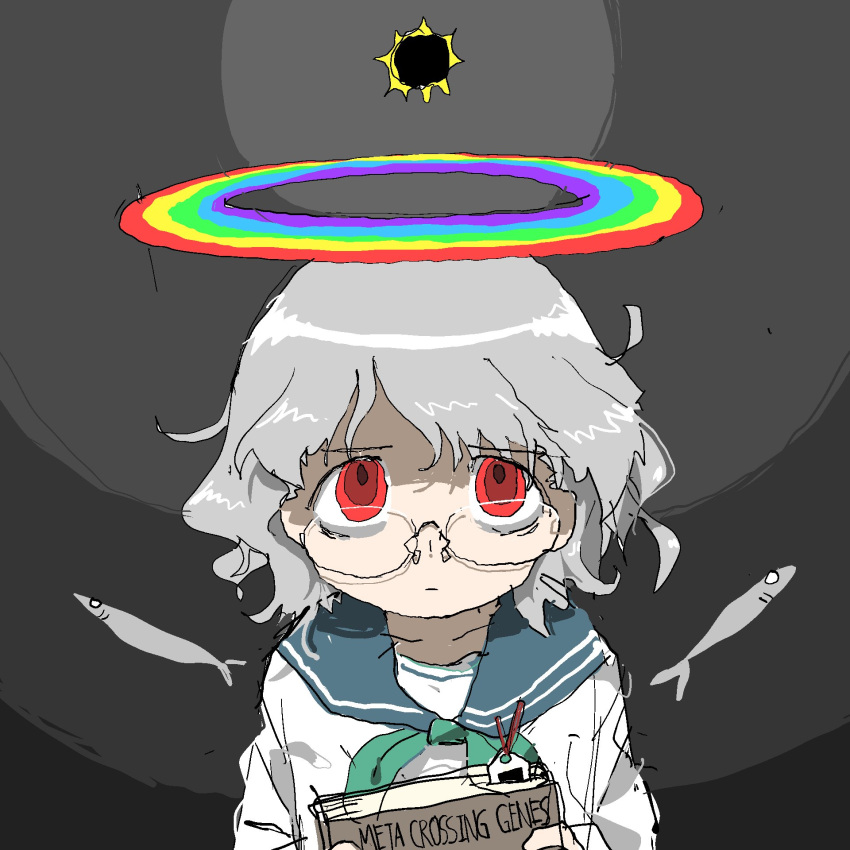 1girl, bags_under_eyes, blue_sailor_collar, book, closed_mouth, english_text, fish, glasses