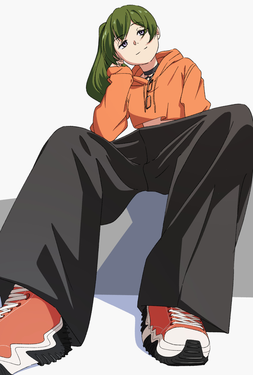 1girl, absurdres, baggy_pants, black_pants, choker, closed_mouth, contemporary, daidaiyaoyao