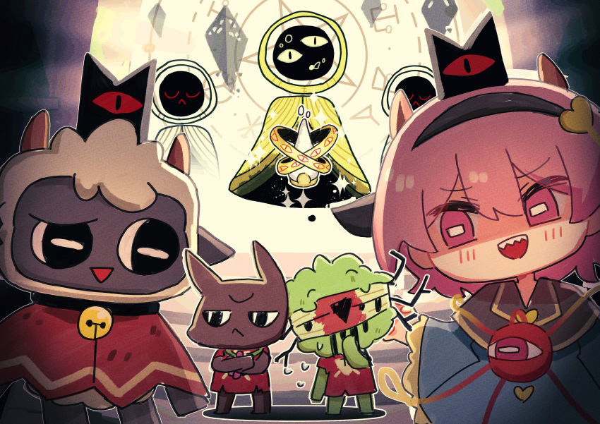 1girl, absurdres, animal_ears, bell, black_hairband, black_skin, blouse, blue_shirt