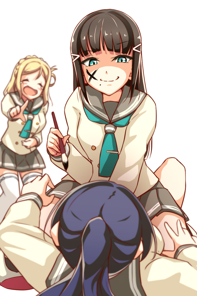 3girls, ^_^, azukilib, black_hair, blonde_hair, blue_hair, braid, breasts