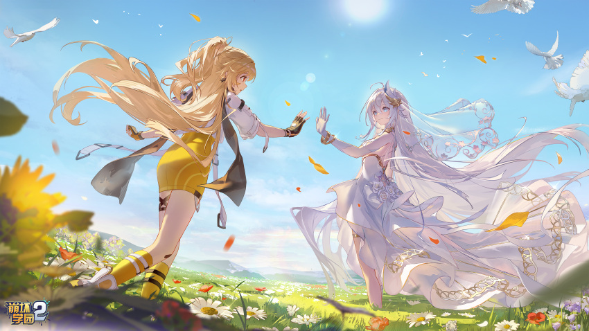 2girls, absurdres, ahoge, ash-c, benghuai_xueyuan, bird, black_gloves, blonde_hair